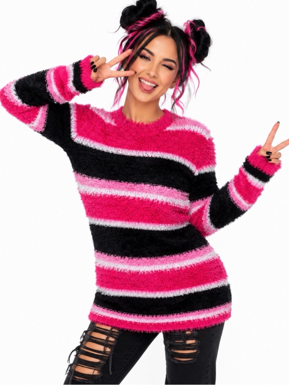 Falls Creek Pink, Black & Metallic Striped Fuzzy Sweater - Junior Size L - NWOT